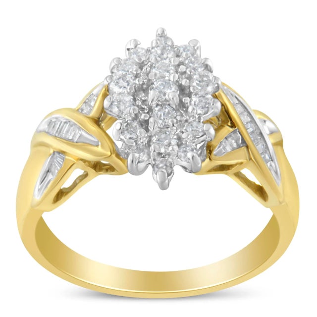 Contemporary 10K Yellow Gold Round And Baguette-Cut Diamond Ring (1/2 Cttw, H-I Color, I1-I2 Clarity) - Size 6 For Sale - Image 3 of 7