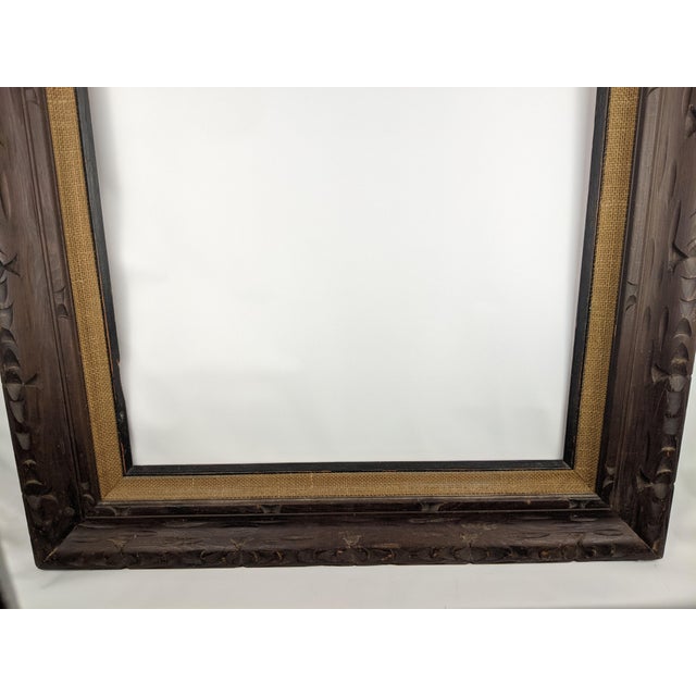 Chocolate Large Vintage Arts & Crafts Hand-Carved Dark Brown Wood Frame With Linen Liner For Sale - Image 8 of 11