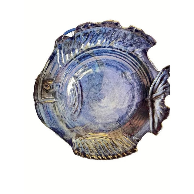 Blue 1990s Rare Earth Pottery Fish Bowl 12”d Blue Tropical Large Serving Dish Handmade For Sale - Image 8 of 9