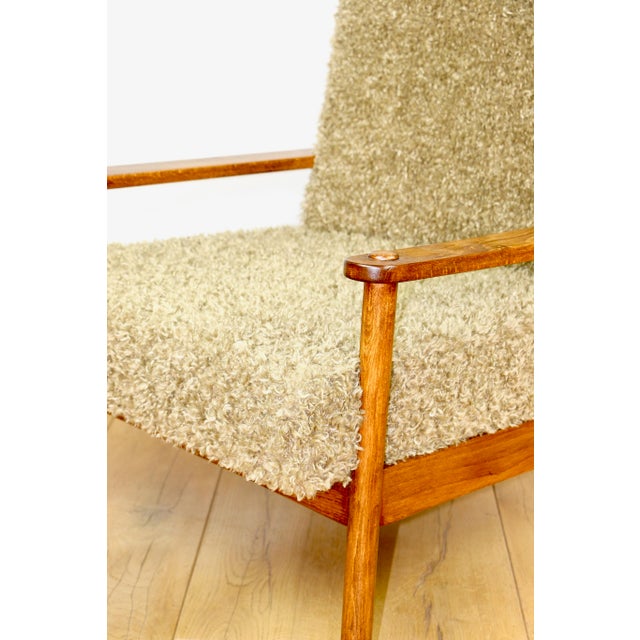 Vintage Wood Lounge Chair with Olive Green Long Pile Upholstery, 1970 For Sale - Image 4 of 13