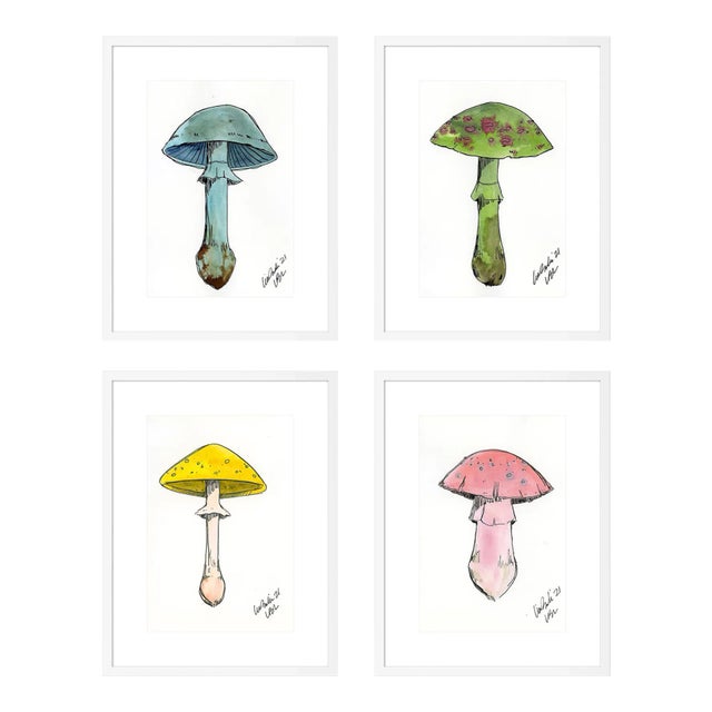 Mushroom by Lia Burke Libaire in White Frame, Small Art Prints, Set of 4 For Sale
