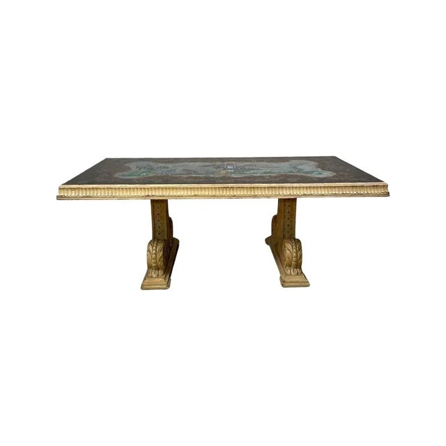 Beautifully painted Chinese scene Hand carved painted wooden base Minor chips and scuffs on base and rim due to age