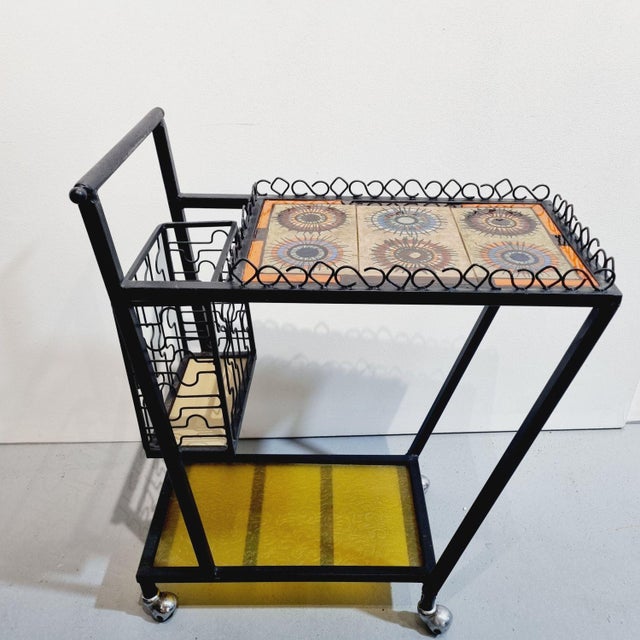 Black Vintage Mid-Century Wrought Iron Bar Cart with Ceramic Tile Top, 1960s For Sale - Image 8 of 11