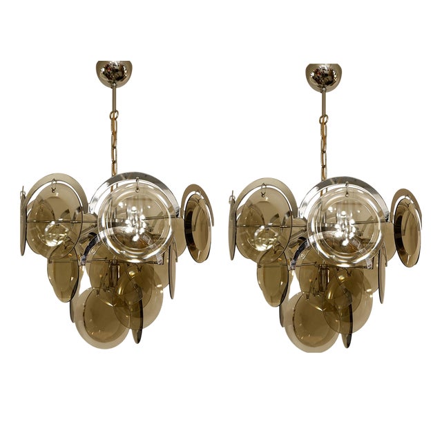 Chrome and Smoked Glass Disc Chandeliers from Vistosi, Italy, 1970s, Set of 2 For Sale