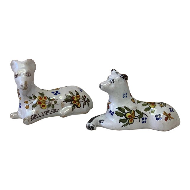 Set of 2 French Faience Dog & Ram Knife Rests Desvres Circa 1890 For Sale