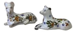 Set of 2 French Faience Dog & Ram Knife Rests Desvres Circa 1890