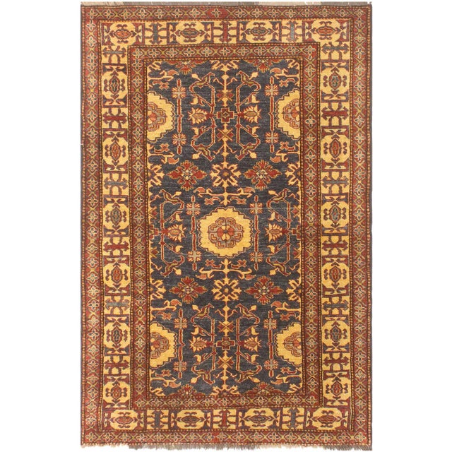 Boho Chic Super Kazak Blue/Gold Wool Rug - 3'11'' X 6'3'' For Sale - Image 10 of 10