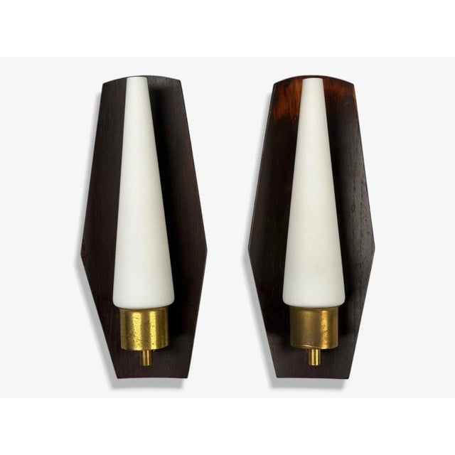 Danish Mid-Century Modern, Teak, Brass, Opaline Glass, Wall Lights, Denmark, 1960s Pair of modernist wall sconces designed...