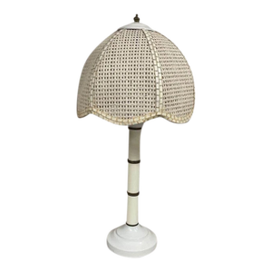 Vintage Mid-Century Modern White Faux Bamboo Wicker Shade Table Lamp