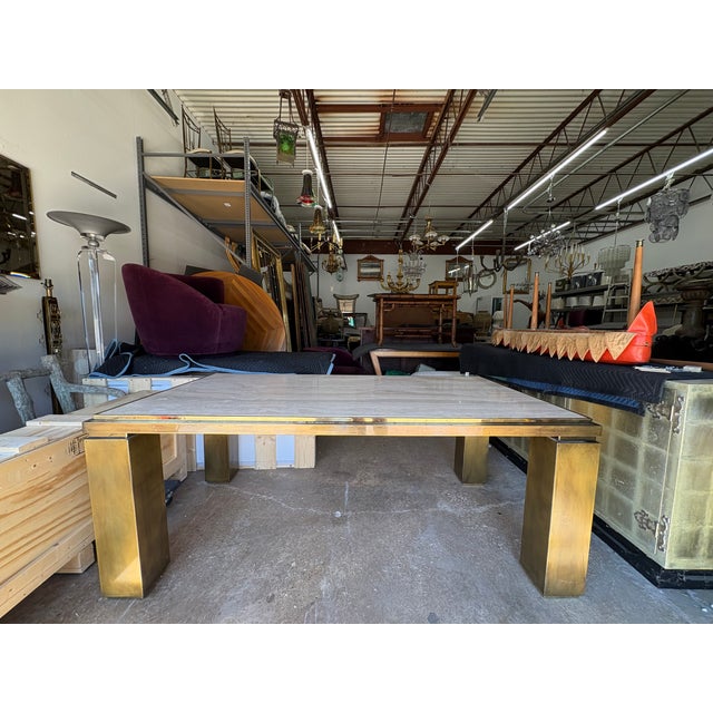 1970s French Modern Brass and Travertine Dining Table For Sale In Houston - Image 6 of 18