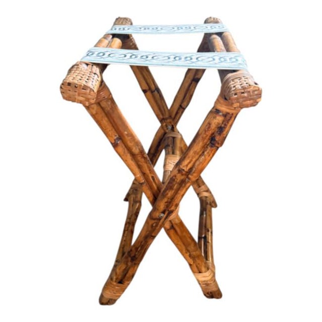 Vintage Bamboo Folding Luggage Rack With Blue & White Greek Key Straps For Sale - Image 4 of 5