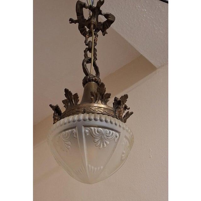 Ceiling Lamp with Brass Mount and Bronze Trim with Matt Relief Glass Shade, 1890s For Sale - Image 6 of 7