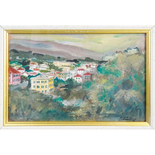 Signed painting by alberto salietti ligurian landscape, mixed media on cardboard, in a beautiful guilloché frame. Origin...