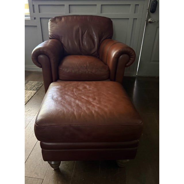 Animal Skin Natuzzi Maturità Italian Cognac Leather Armchair & Ottoman – Made in Italy For Sale - Image 7 of 12