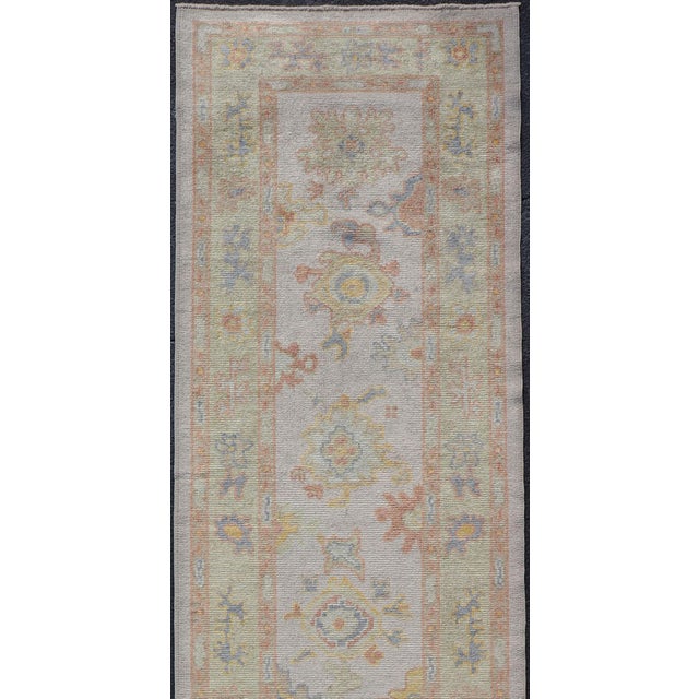 Tribal Turkish Oushak Runner in Ivory With Soft Green, Gold, and Coral 2'11 X 13'3 For Sale - Image 3 of 12