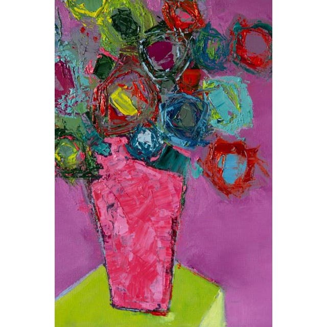 Bill Tansey " Pink Vase Green Linen " Abstract Floral Oil Painting on