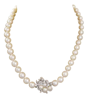 Diamond 14k White Gold Floral Clasp 8.8mm Pearl Necklace