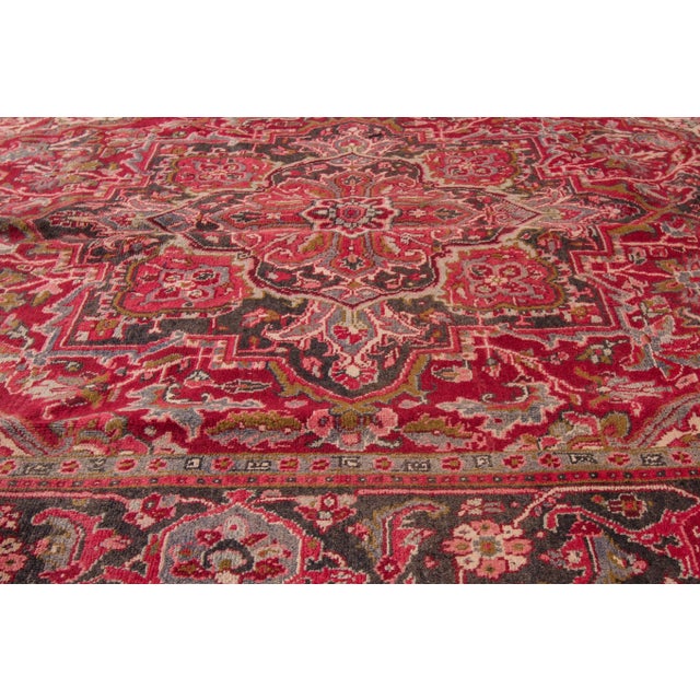 Vintage Persian Heriz Handmade Ruby-Red Floral Wool Rug For Sale - Image 4 of 6