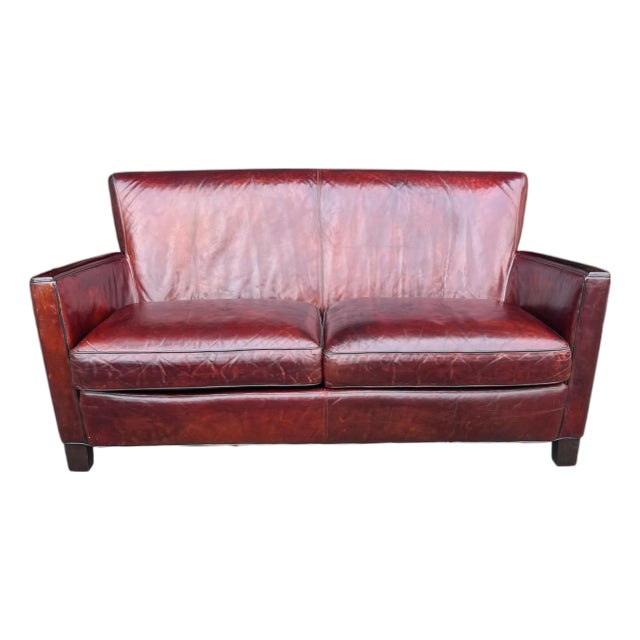Rich Burgundy Vintage Leather Sofa With Beautiful Patina & Timeless Form - By Crate and Barrell For Sale