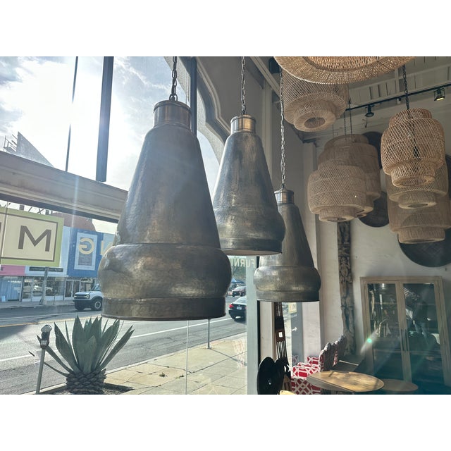 Gray Vintage Nickel Industrial Hammered Pendant Light For Sale - Image 8 of 9