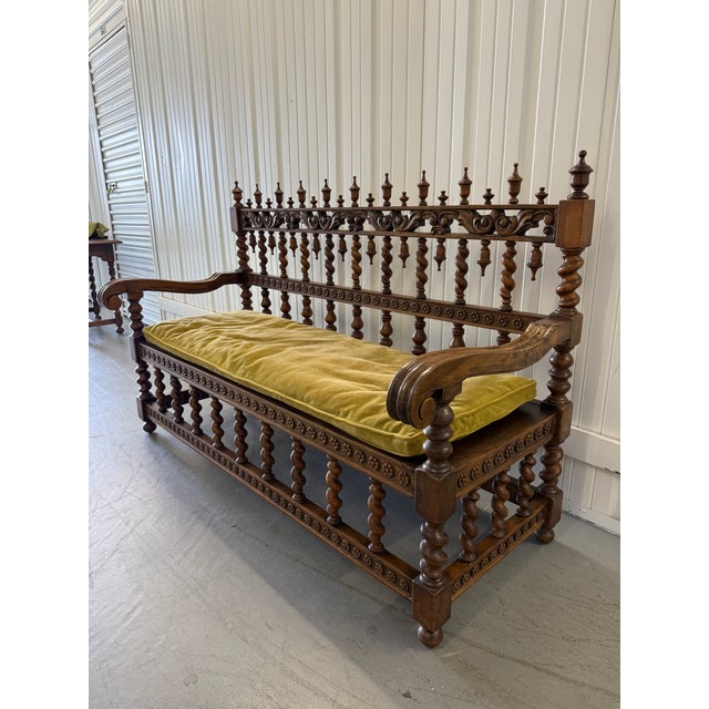 19th Century Renaissance Revival Walnut Spindle-Back Settee With Velvet Cushion, 19th Century For Sale - Image 5 of 9