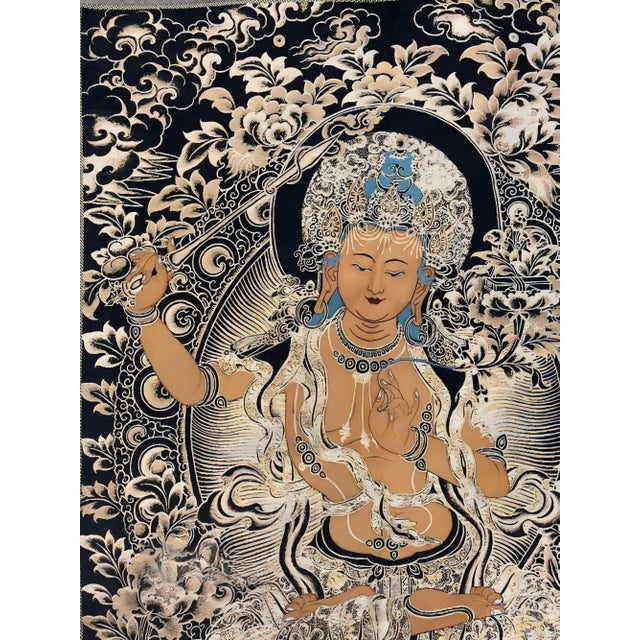 Chinese Mid 20th Century Xizang Embroidery and Brocade Thangka Buddha Painting - Wrathful Deity Protector Wall Art - Hand Painted Buddhist Sacred Scroll For Sale - Image 3 of 7