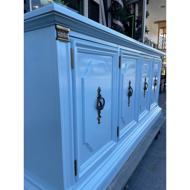 Wood 1960s Stanley High-Gloss Blue Hydrangea Console/ Credenza With Brass Hardware For Sale - Image 7 of 11