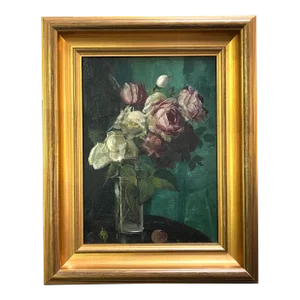 Antique American Impressionist Still Life Oil Painting of Roses in a Vase by Julian Alden Weir