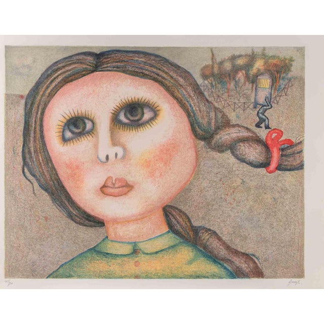 Enrico Benaglia, Portrait of a Girl, Lithograph, 1980s For Sale