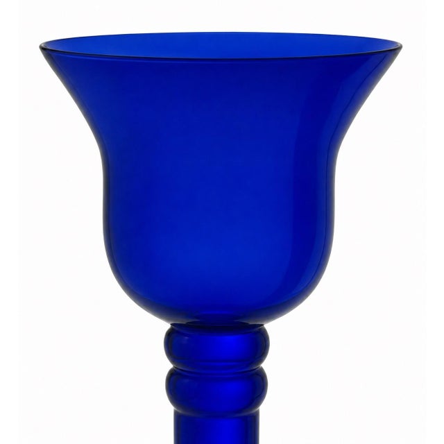 Vintage Cobalt Blue Glass Candle Holders Pair Tall Pedestal Trumpet Style For Sale - Image 4 of 4