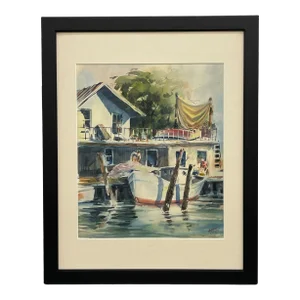 Midcentury Seascape Watercolor Painting, Framed