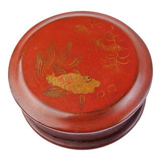 Antique Chinese Red Lacquer Round Box, Gilt Goldfish and Pine Motif, Early 1900's For Sale