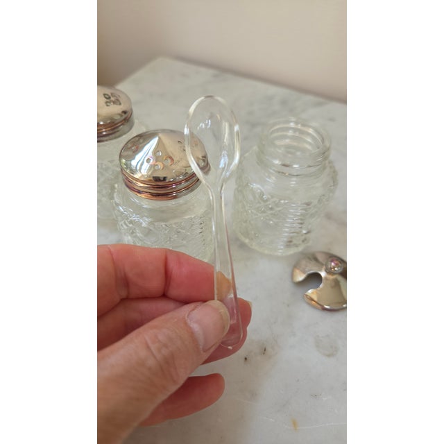 Vintage Patterned Glass and Silver-Plated Condiment Set With Lucite Spoon For Sale - Image 9 of 17
