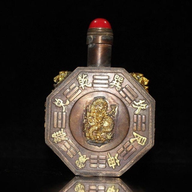Vintage Chinese Bronze Octagonal Snuff Bottle With Bagua & Gilt Deity For Sale In Los Angeles - Image 6 of 9