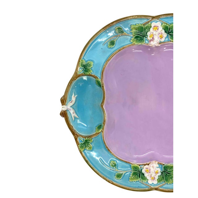 George Jones Majolica 'Strawberry Tray' with cream and sugar wells, English, British Registry mark to reverse for 29 April...