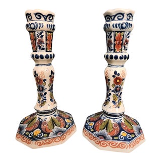 Vintage Oude Delft 834 Oud Tall 7 in Candle Holder-Set of 2 For Sale