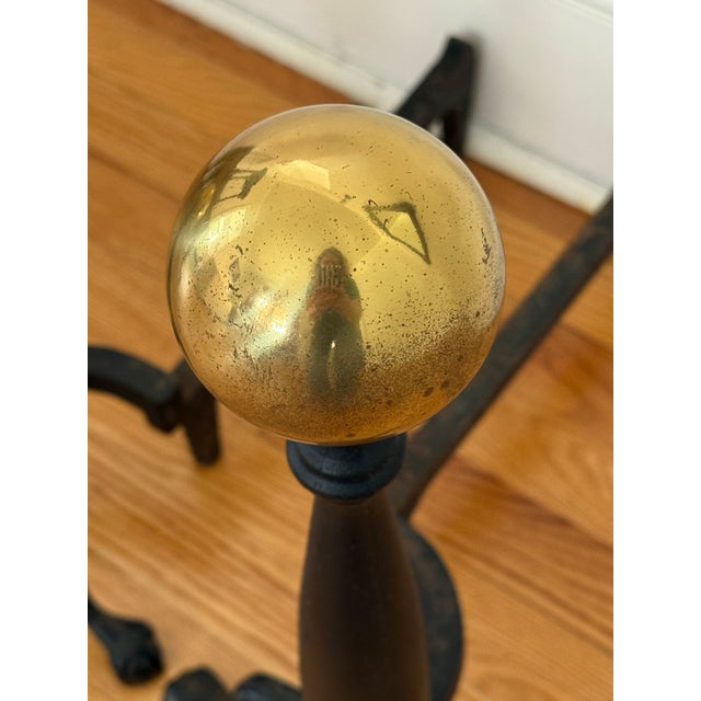Vintage American Midcentury Cast-Iron and Brass Cannonball Andirons For Sale - Image 6 of 10