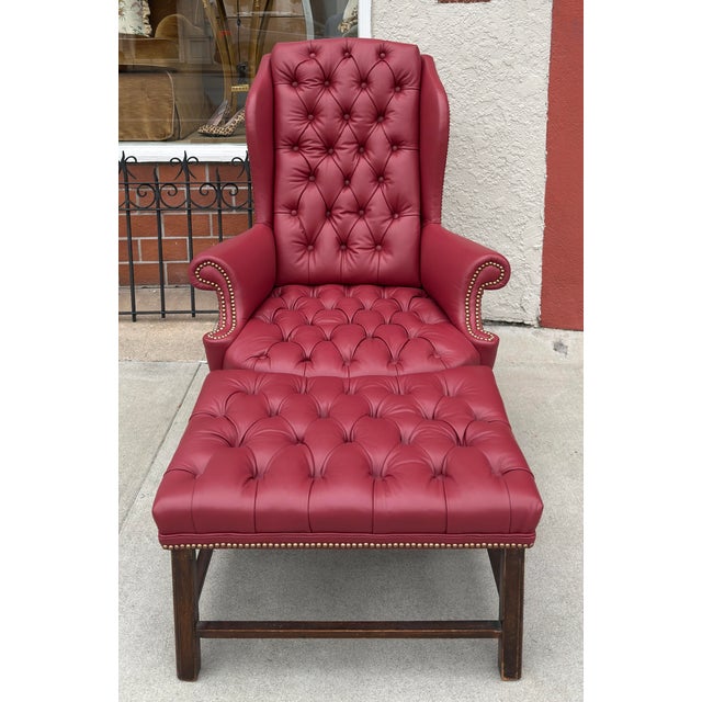 Red Antique Queen Anne Red Tufted Leather Wingback Chair & Ottoman For Sale - Image 8 of 8