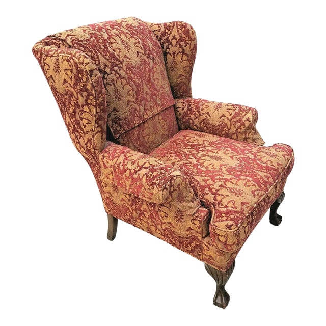 Vintage Chippendale Wingback Damask Armchair For Sale