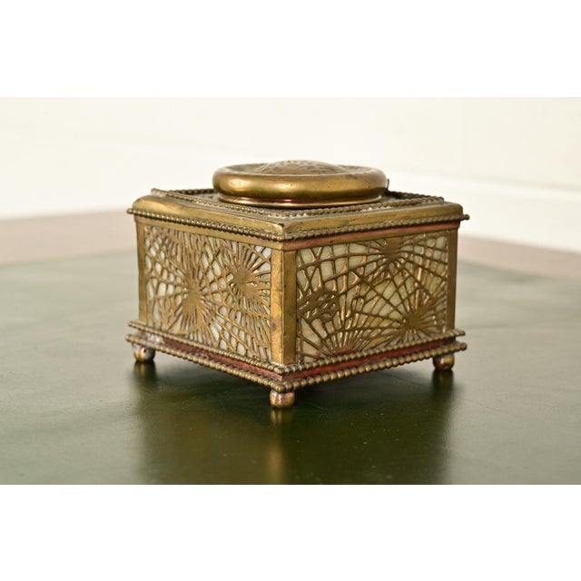 Tiffany Studios New York Pine Needle Bronze Doré and Favrile Slag Glass Inkwell For Sale - Image 12 of 12
