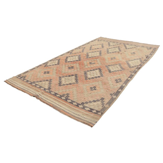 Traditional Mid 20th Century Faded Vintage Embroidered Kilim Rug For Sale - Image 3 of 7