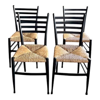 Set of 4 Italian Black Wood and Rush Seat Dining Chairs in the Manner of Gio Ponti - Signed For Sale