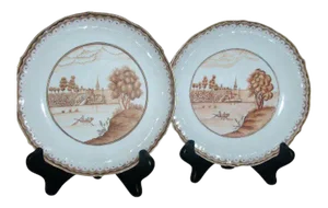 1800s Chinese Export Porcelain Sepia Landscape Decoration Low Bowls- A Pair