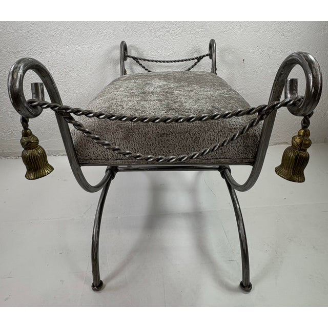 Late 20th Century Hand Forged Iron and Brass Upholstered Bench For Sale In Philadelphia - Image 6 of 11