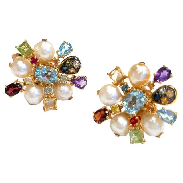 Bochic "Orient" Vintage Retro Multi Gem Burst Earrings Set 18K Gold & Silver For Sale - Image 15 of 18