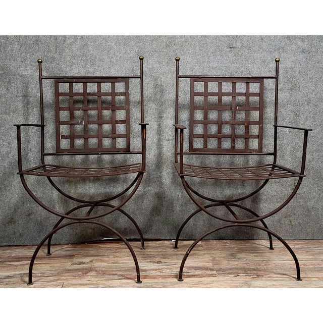Curule Chairs in Woven Iron and Gilt Brass, Set of 2 For Sale - Image 6 of 6