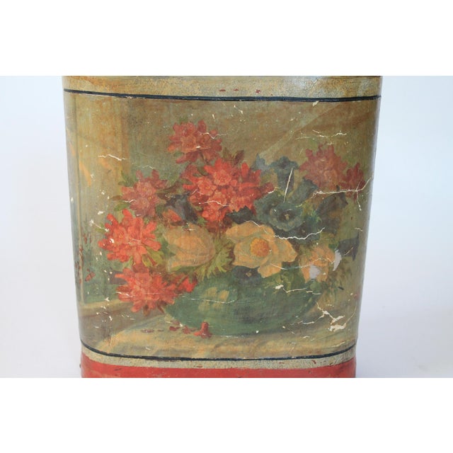 Wood Antique Leather Wrapped Floral Wastebasket For Sale - Image 7 of 11