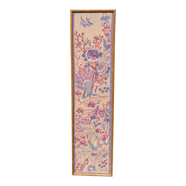 1970s Pink Chinoiserie Framed Peacock Silk For Sale