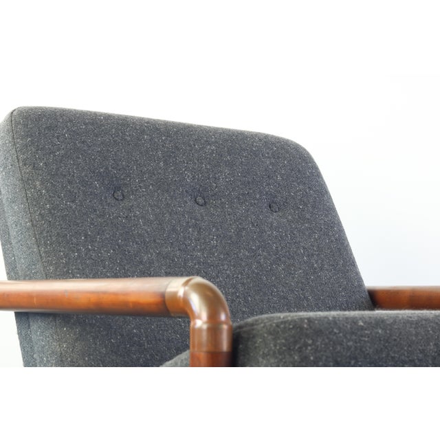 1970s Brass and Walnut Chair with Gray Tweed Upholsterey For Sale - Image 5 of 6