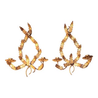 Vintage Italian Florentine Gilt Tole Acanthas Leaf Candle Wall Sconces- Pair For Sale
